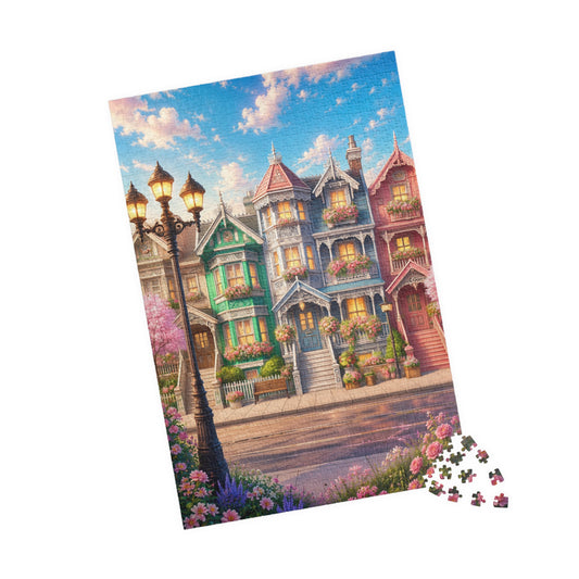 Printify Puzzle Whimsical Pastel Victorian Houses Jigsaw Puzzle | 520 or 1014 Pieces