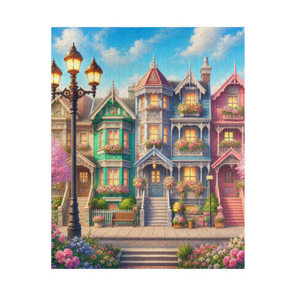 Printify Puzzle 520 pcs (Vertical) Whimsical Pastel Victorian Houses Jigsaw Puzzle | 520 or 1014 Pieces