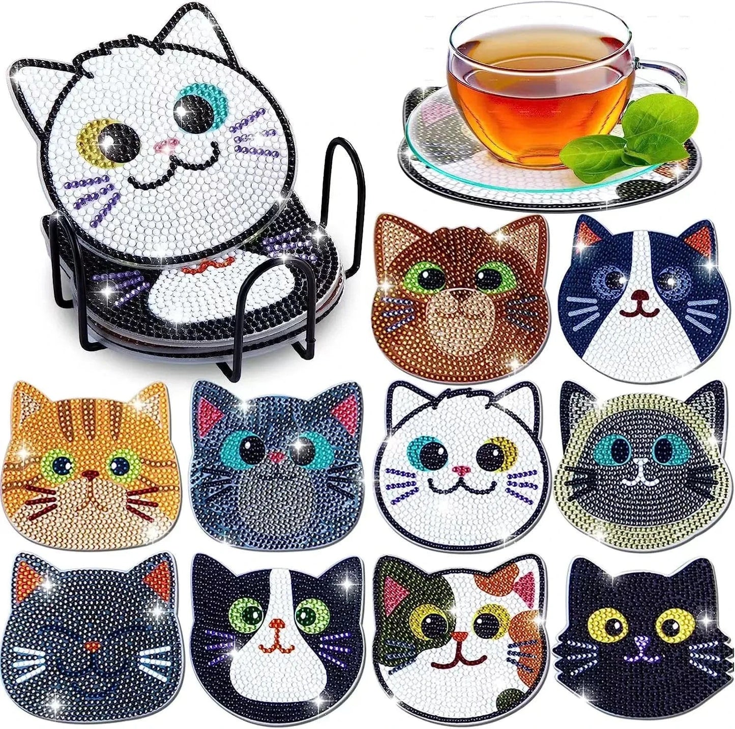 5DDpaints.com arts and crafts kit Whisker Wonders Diamond Painting Coaster Set (10-Piece with Holder)