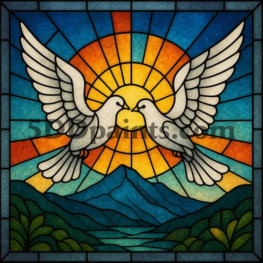5DDPaints.com arts and crafts kit Wings of Peace - Stained Glass Doves at Sunrise