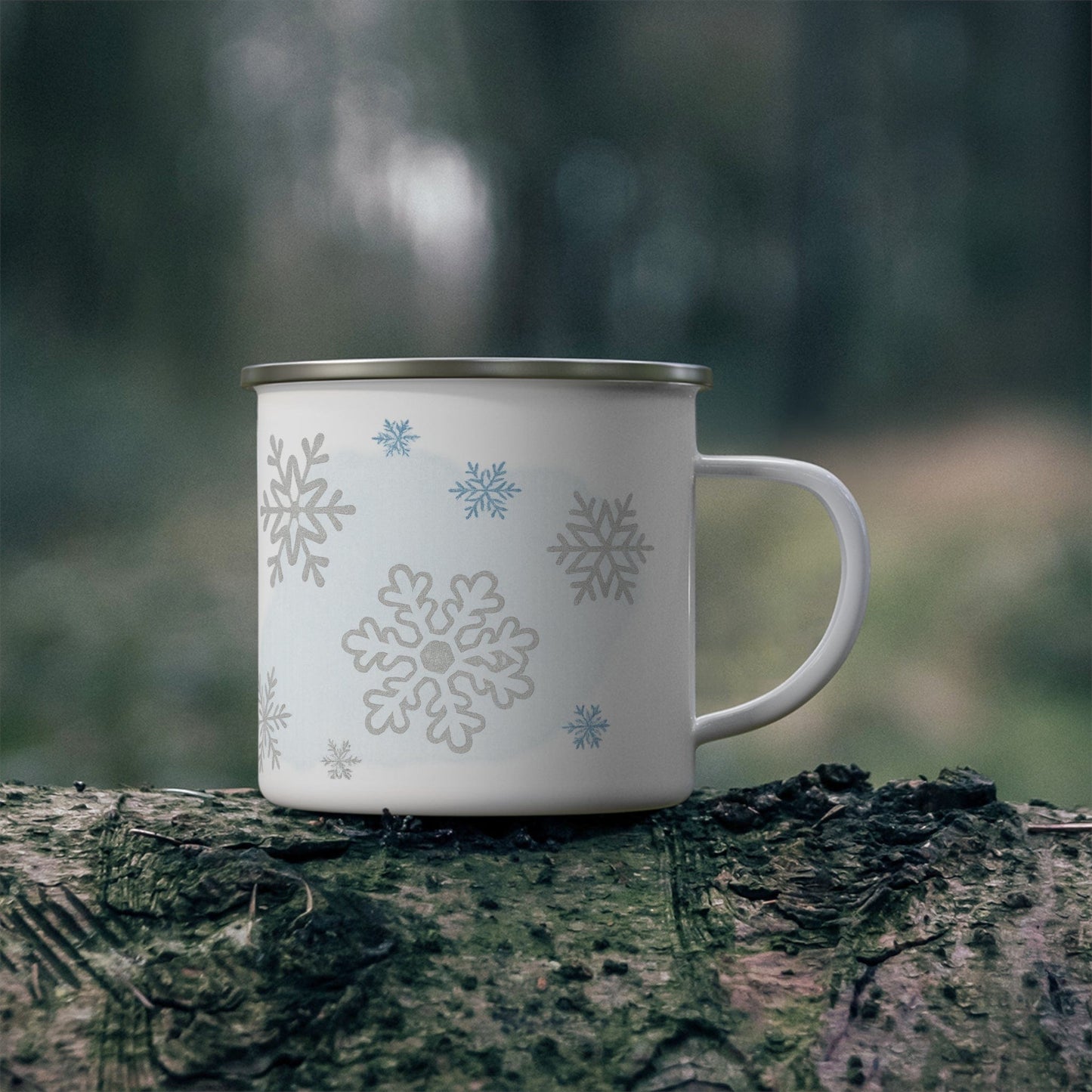 Printify Mug 12oz Winter Wonderland Enamel Camping Mug – Cozy Outdoor & Holiday Snowflake Cup