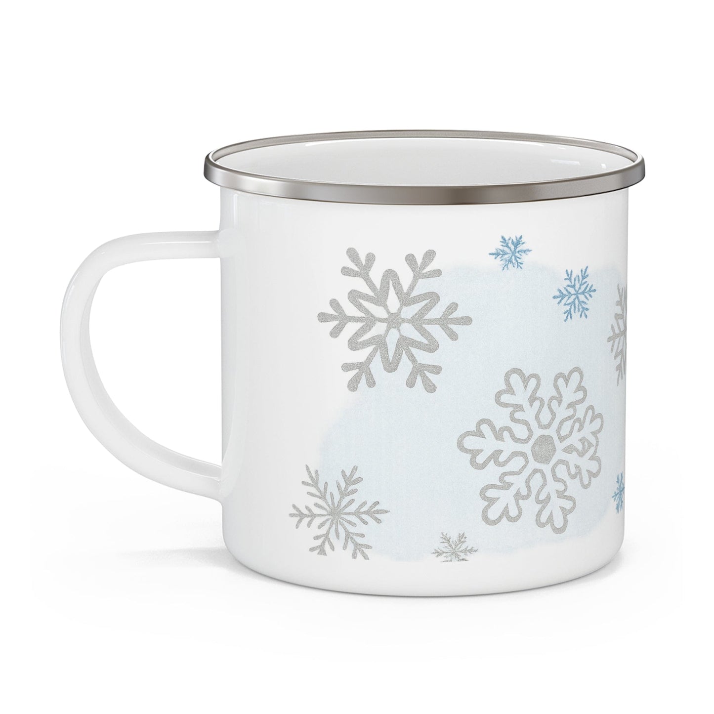 Printify Mug 12oz Winter Wonderland Enamel Camping Mug – Cozy Outdoor & Holiday Snowflake Cup