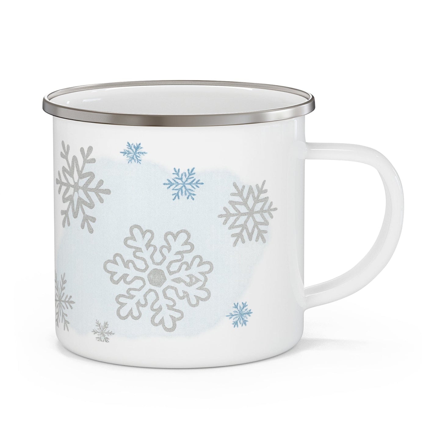 Printify Mug 12oz Winter Wonderland Enamel Camping Mug – Cozy Outdoor & Holiday Snowflake Cup