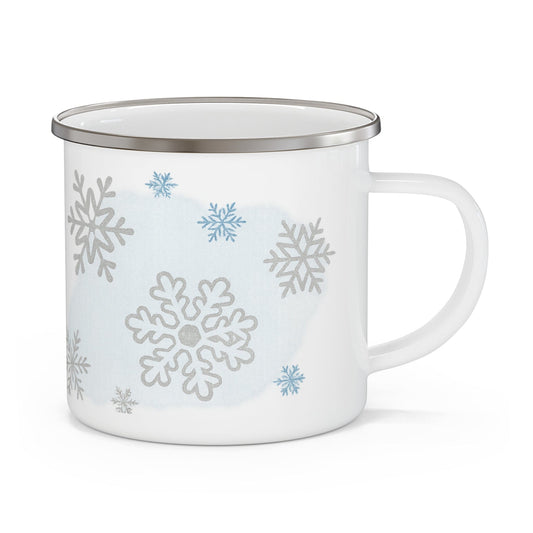 Printify Mug 12oz Winter Wonderland Enamel Camping Mug – Cozy Outdoor & Holiday Snowflake Cup