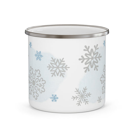 Printify Mug 12oz Winter Wonderland Enamel Camping Mug – Cozy Outdoor & Holiday Snowflake Cup