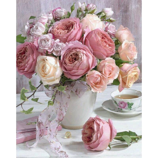 Amazello home decor 5D Diamond Painting Peony and Tea