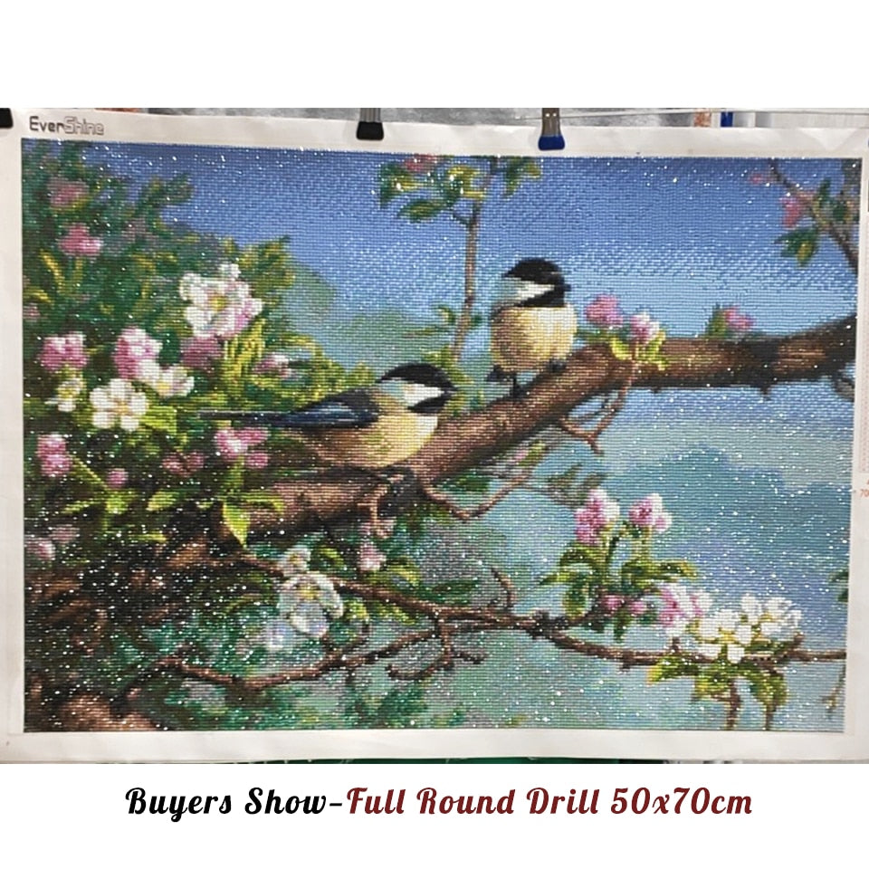 5D Diamond Painting Two Birds in a Tree During Spring Bloom