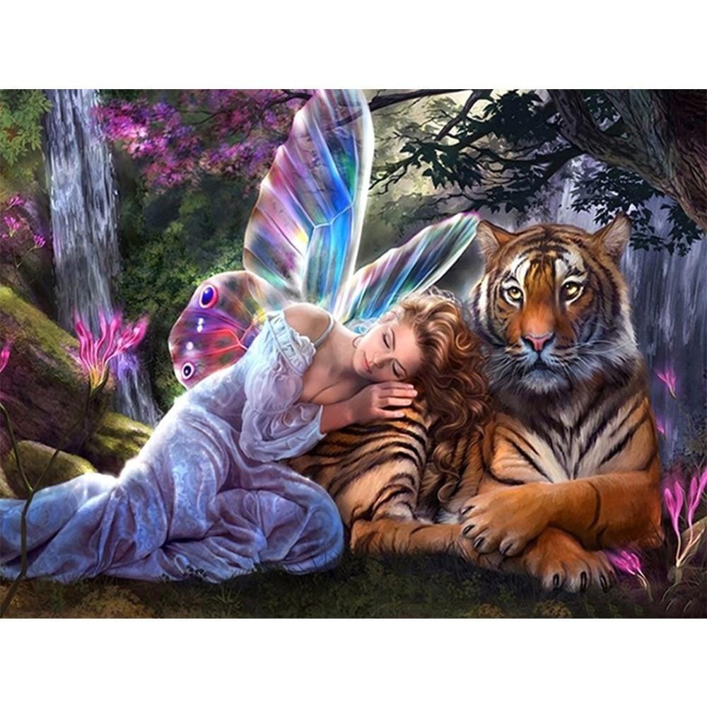 Amazello decoration 5D Diamond Painting Fairy and the Big Cat