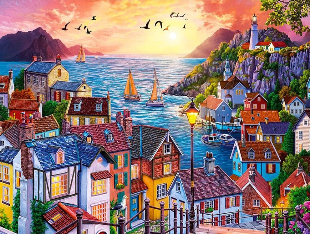 Amazello decoration 5D Diamond Painting Landscape Coastal Town Sunset