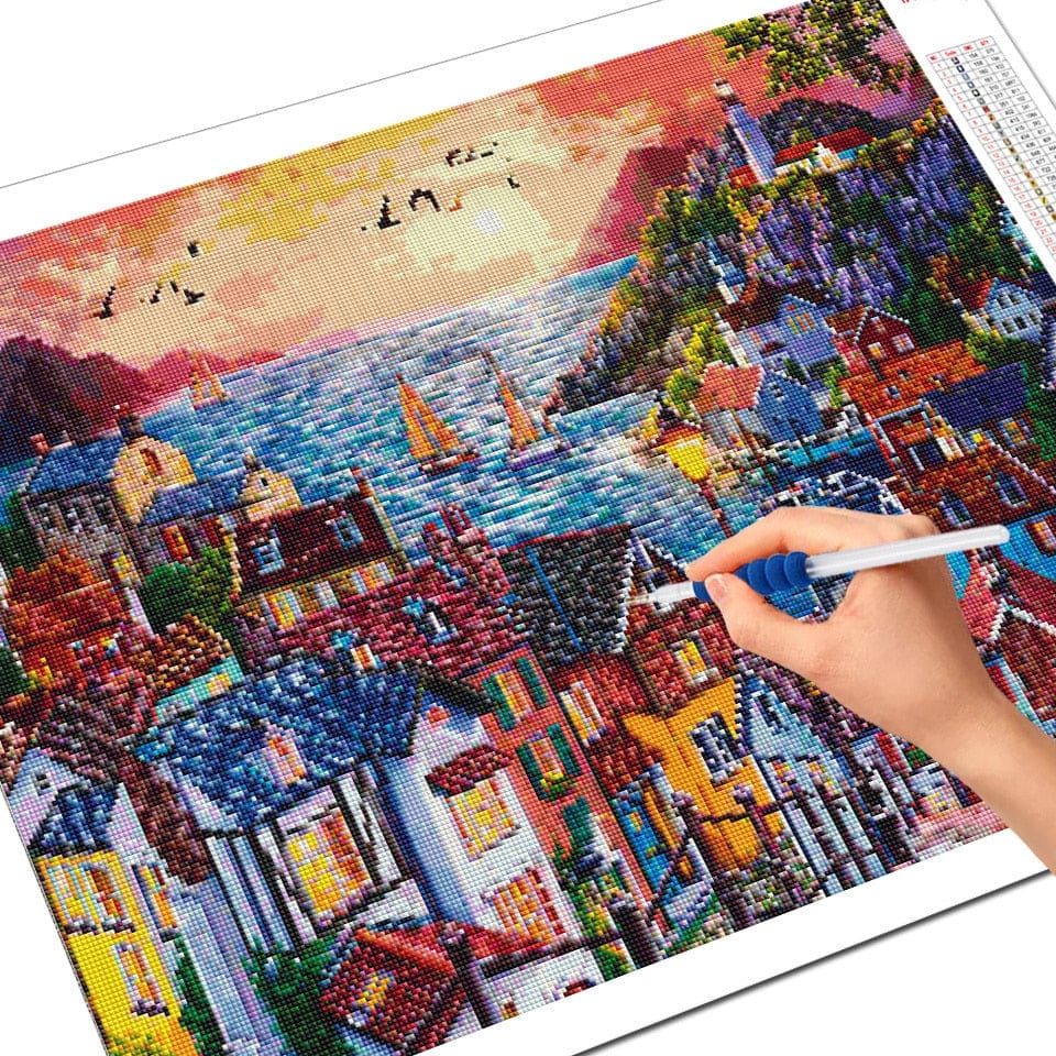 Amazello decoration 5D Diamond Painting Landscape Coastal Town Sunset