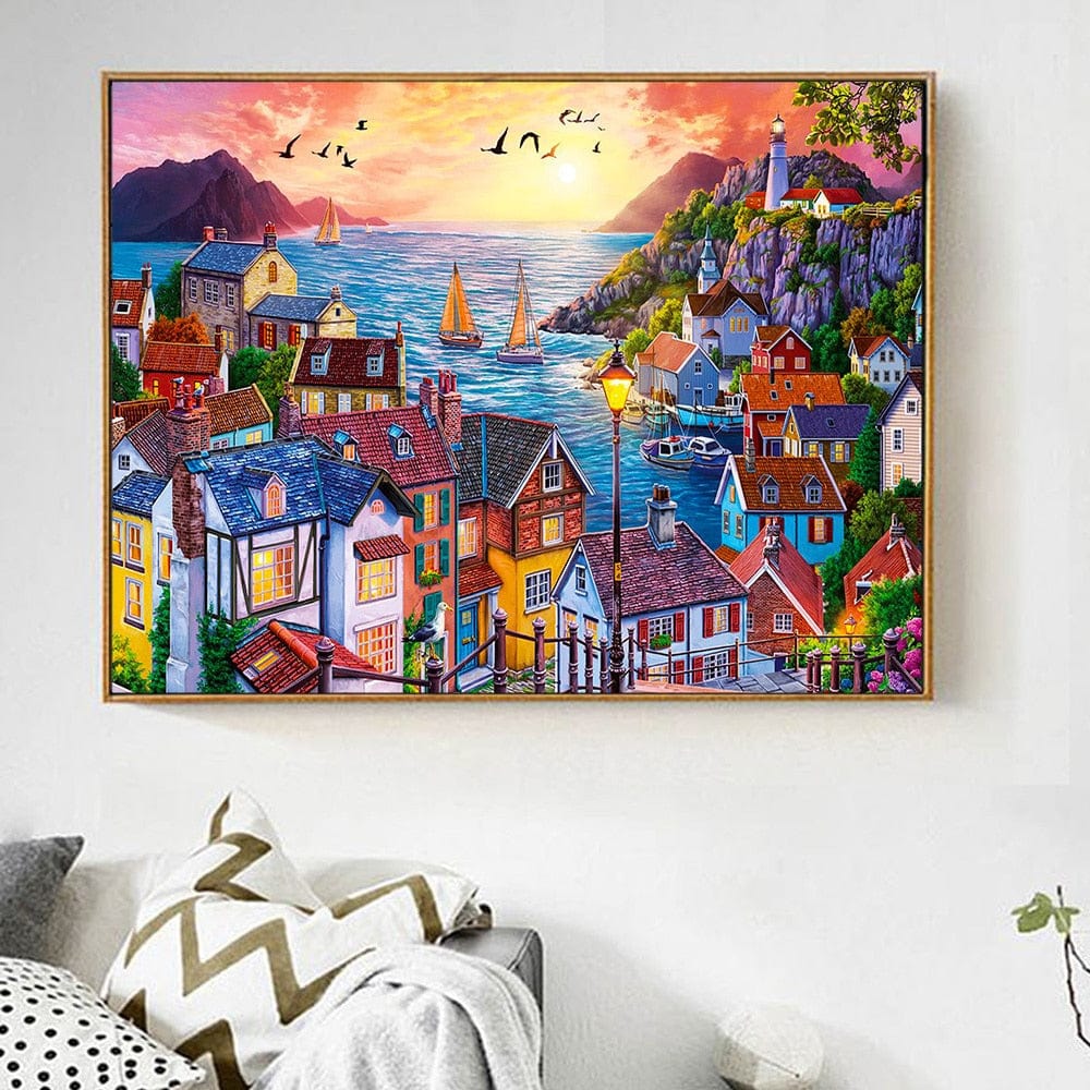 Amazello decoration 5D Diamond Painting Landscape Coastal Town Sunset