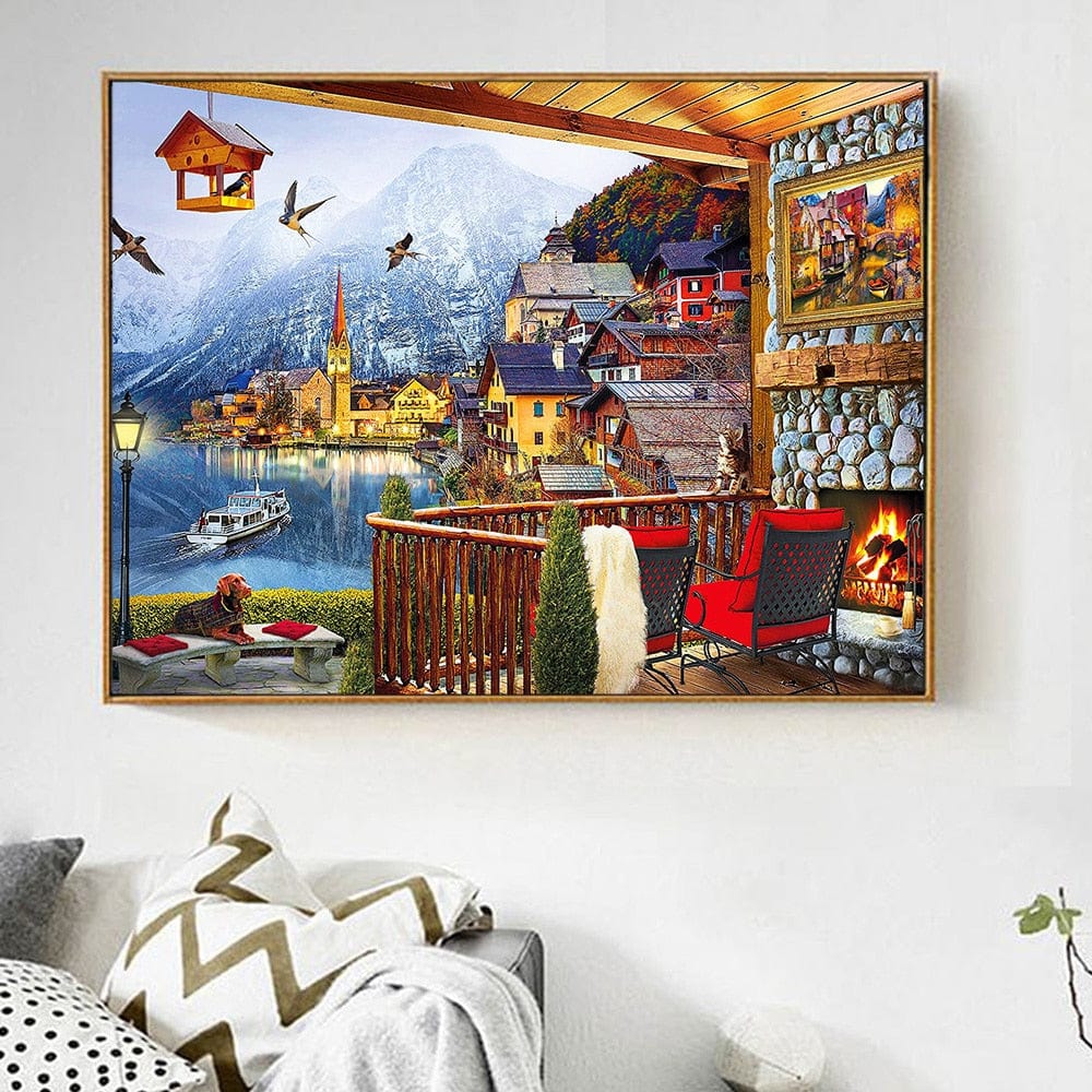 Amazello decoration 5D Diamond Painting Mountain House with a View