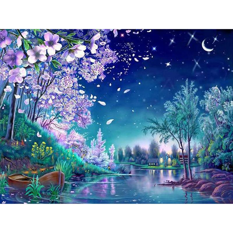 Amazello home decor 5D Diamond Painting Blue Night Cherry