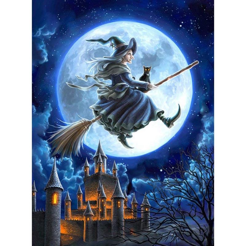 Amazello home decor 5D Diamond Painting Witch & Castle Halloween