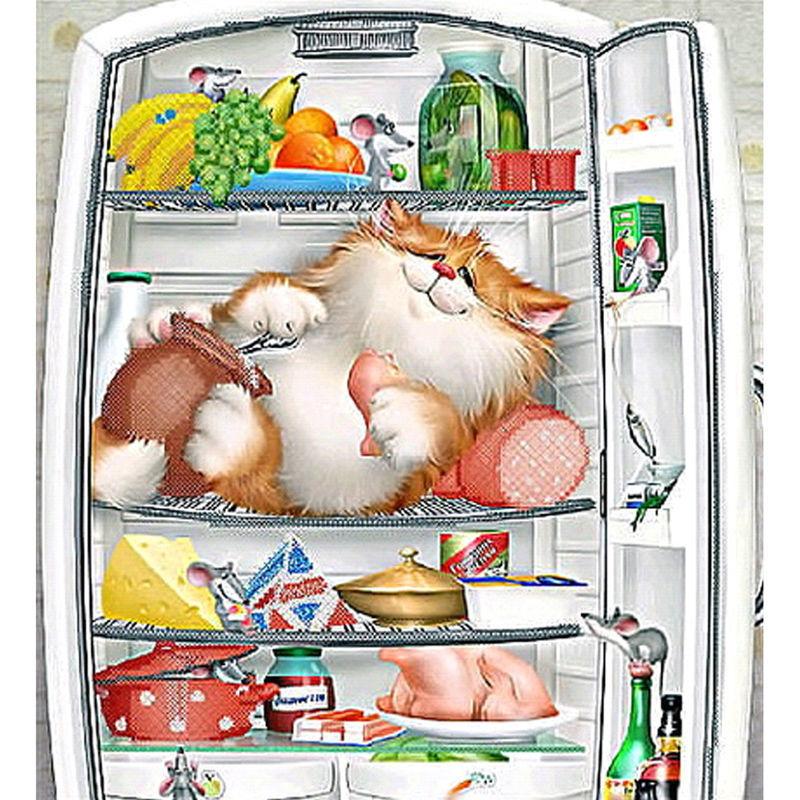 Amazello home decor 5D Diamond Painting Cat in the Refrigerator