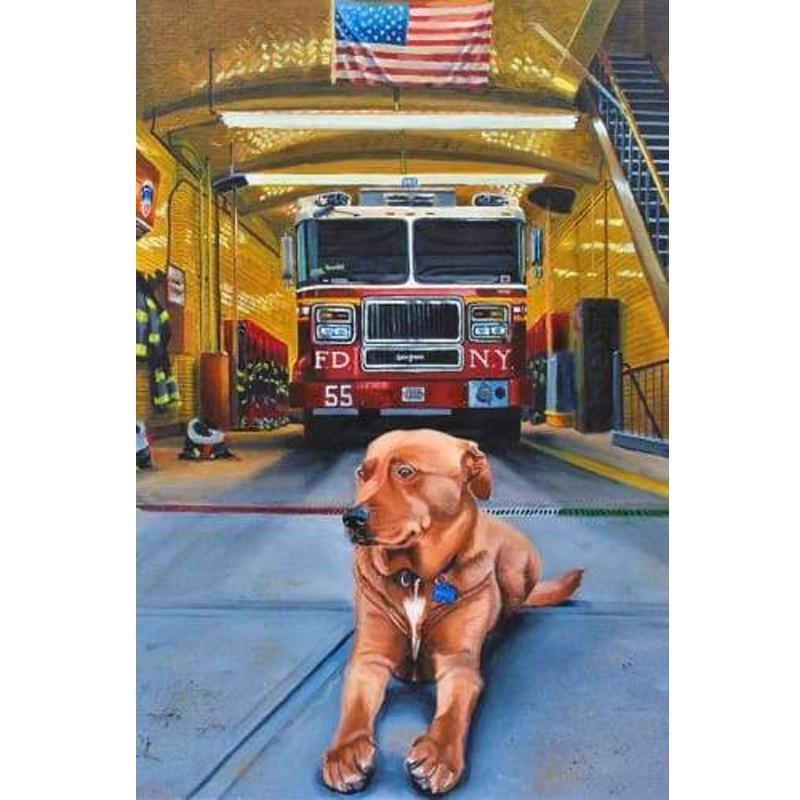 Amazello home decor 5D Diamond Painting American Fire Truck & Station Dog