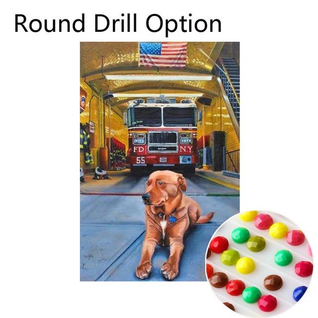 Amazello home decor Round Drill / 20X30 cm 5D Diamond Painting American Fire Truck & Station Dog