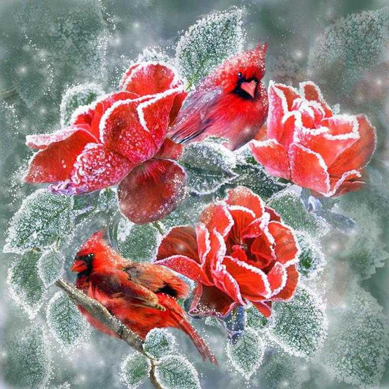 Amazello home decor 5D Diamond Painting Frozen Red Roses & Cardinals