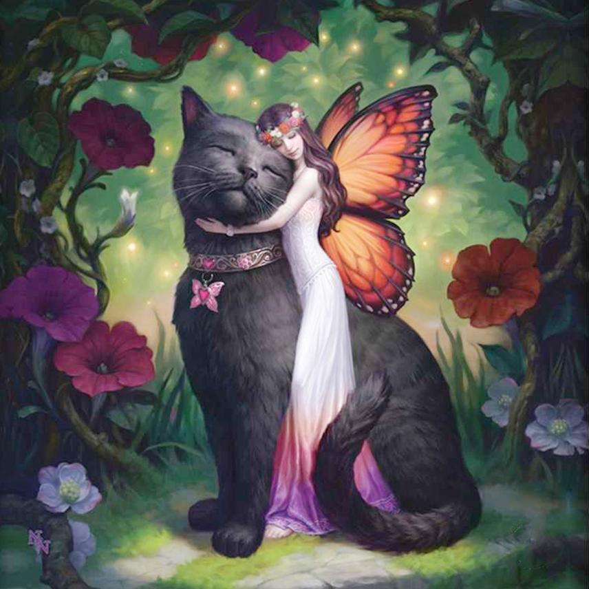 Amazello home decor 5D Diamond Painting Flower Fairy and Cat