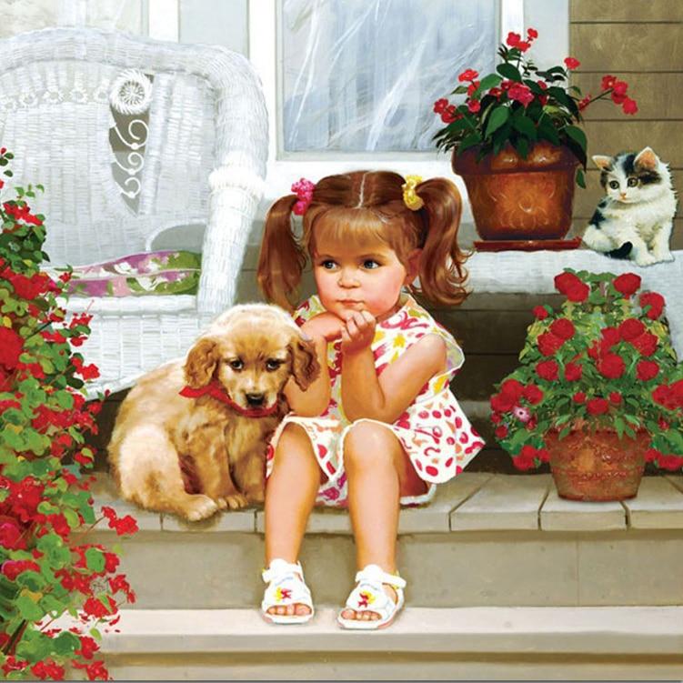 Amazello home decor 5D Diamond Painting Little Girl and the Puppy